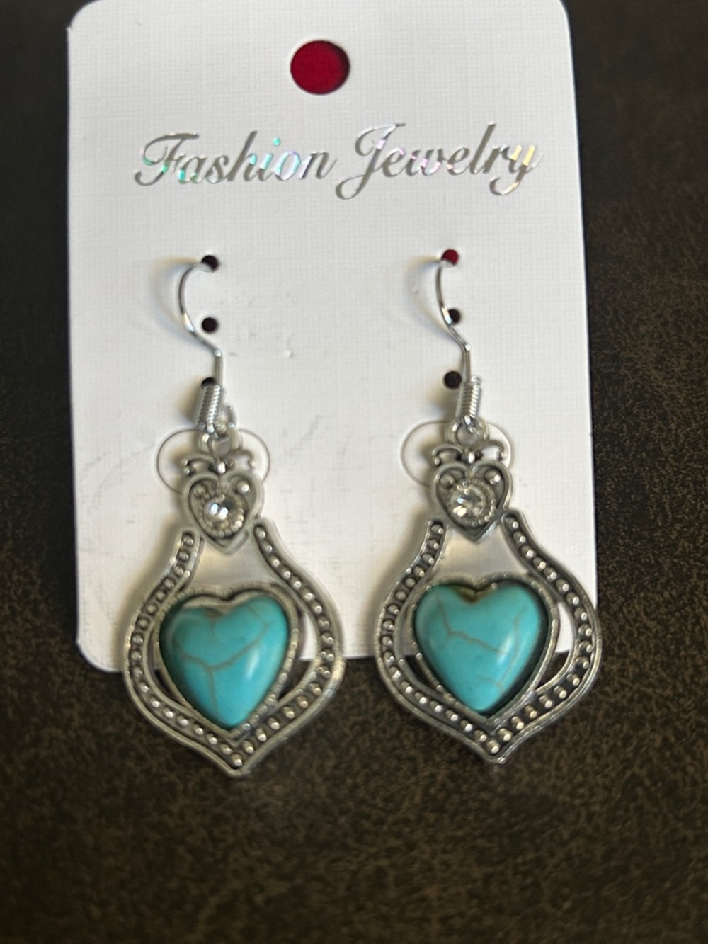 Fashion Jewelry Turquoise Heart Dangle Earrings - Silver Tone